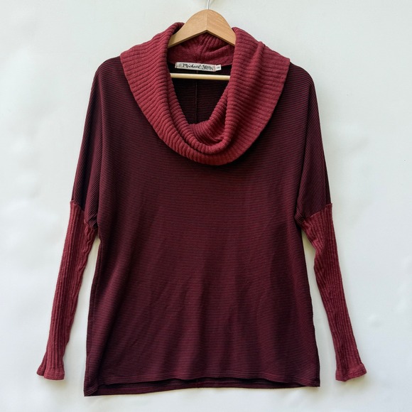 Michael Stars One Size Cowl Neck Top Burgundy Striped Layer Sleeve Oversize Top - Picture 1 of 7